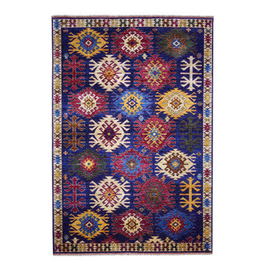 Tribal & Geometric Wool Hand Knotted Rug Blue Yellow 6.0X8.10 -O053472