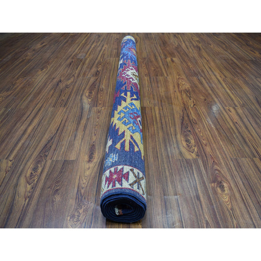 Tribal & Geometric Wool Hand Knotted Rug Blue Yellow 6.0X8.10 -O053472
