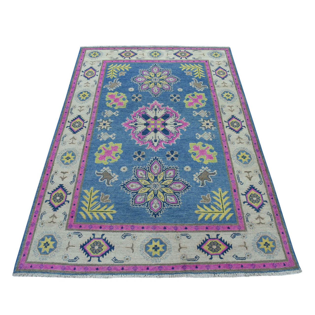 Kazak Wool Hand Knotted Rug Blue Ivory 4.0X6.4 -O053517