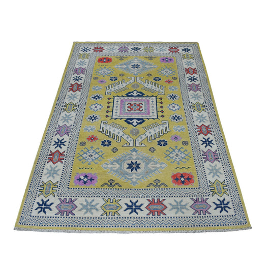 Kazak Wool Hand Knotted Rug Yellow Ivory 4.0X6.4 -O053528