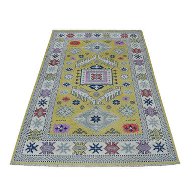 Kazak Wool Hand Knotted Rug Yellow Ivory 4.0X6.4 -O053528