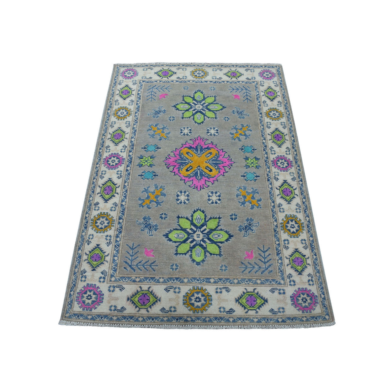 Kazak Wool Hand Knotted Rug Grey Ivory 3.5X4.10 -O053780