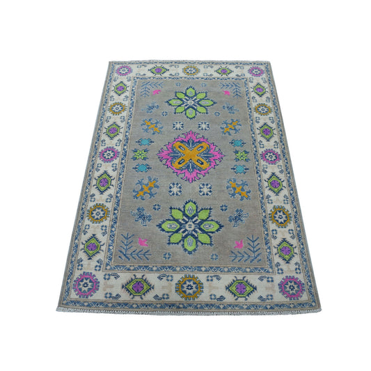 Kazak Wool Hand Knotted Rug Grey Ivory 3.5X4.10 -O053780