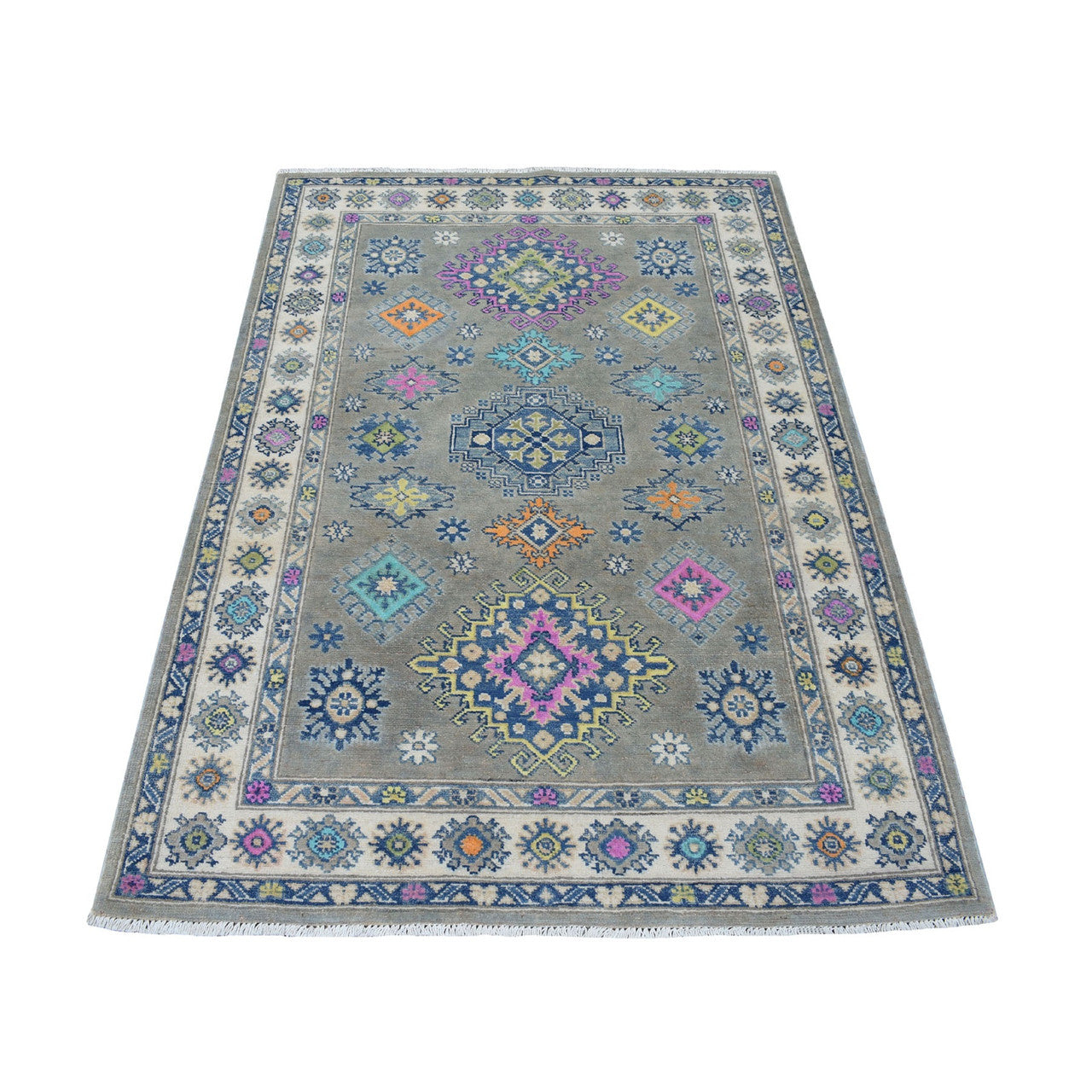 Kazak Wool Hand Knotted Rug Grey Ivory 3.10X5.9 -O053808