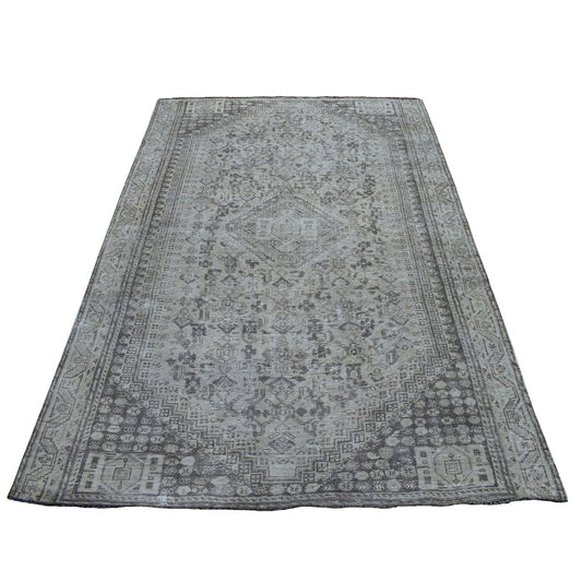 Overdyed & Vintage Worn Wool Hand Knotted Rug Beige Warm Sand 5.1X7.6 -O054047