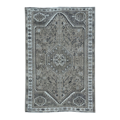 Overdyed & Vintage Worn Wool Hand Knotted Rug Grey Ivory 6.4X9.1 -O054128