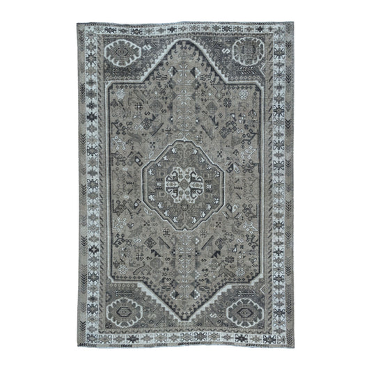 Overdyed & Vintage Worn Wool Hand Knotted Rug Grey Ivory 6.4X9.1 -O054128