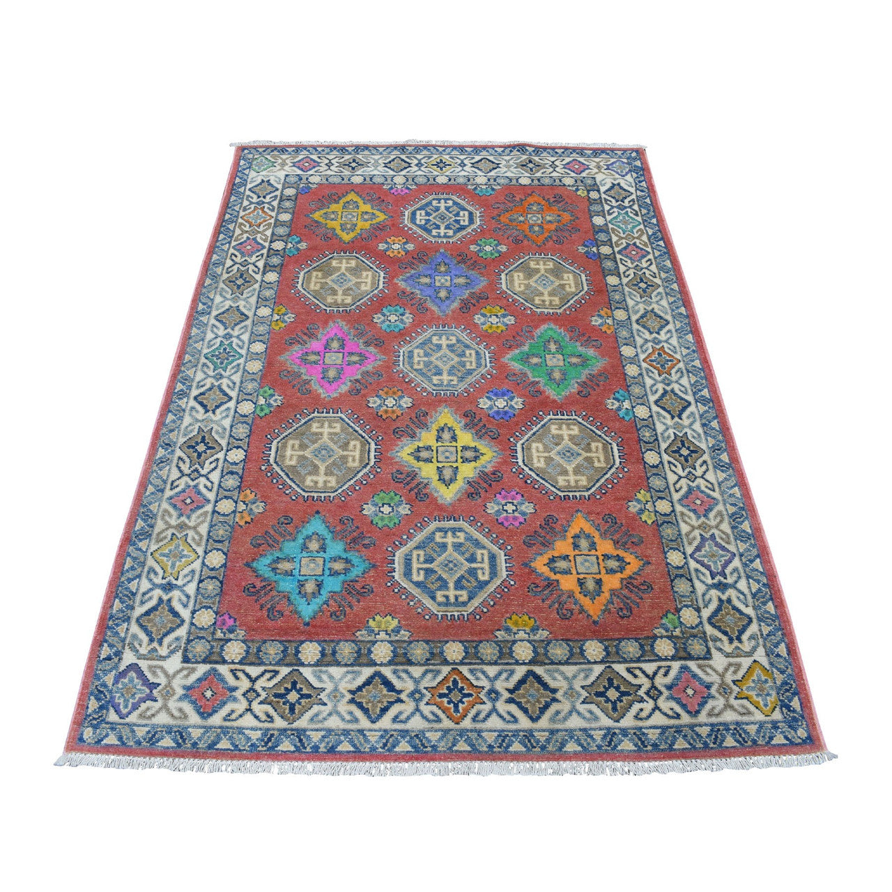 Kazak Wool Hand Knotted Rug Pink Ivory 3.9X5.7 -O054151