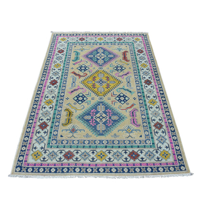 Kazak Wool Hand Knotted Rug Beige Ivory 4.1X6.1 -O054153