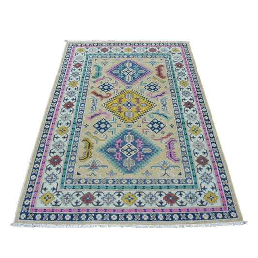 Kazak Wool Hand Knotted Rug Beige Ivory 4.1X6.1 -O054153