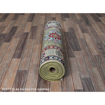Kazak Wool Hand Knotted Rug Green 2.9x12.9 -O0541