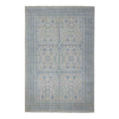 Oushak And Peshawar Wool Hand Knotted Rug Ivory Blue 5.10X9.1 -O054291
