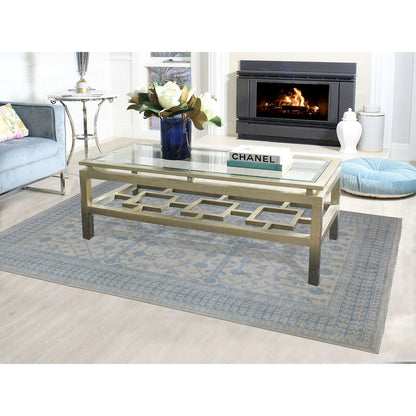 Oushak And Peshawar Wool Hand Knotted Rug Ivory Blue 5.10X9.1 -O054291