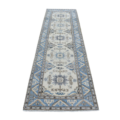 Kazak Wool Hand Knotted Rug Ivory Blue 2.8X9.1 -O054623