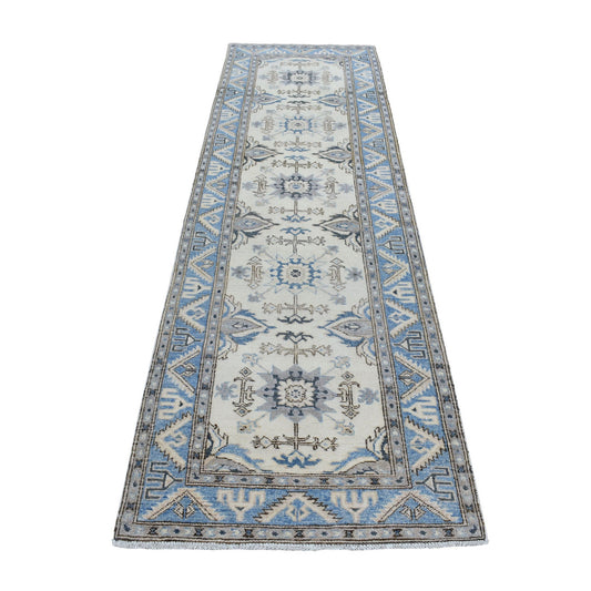 Kazak Wool Hand Knotted Rug Ivory Blue 2.8X9.1 -O054623