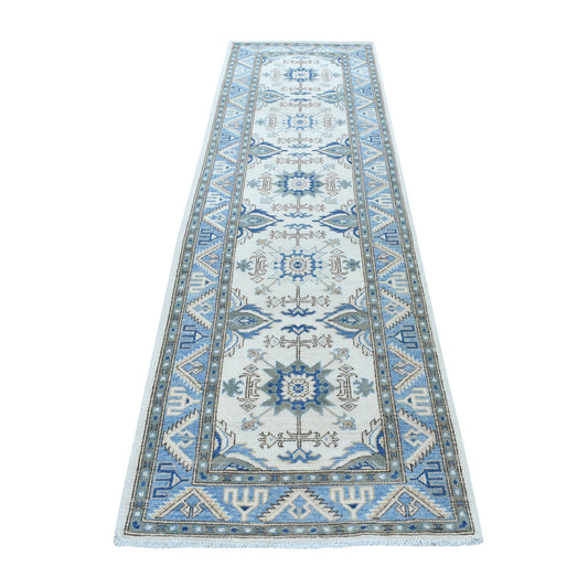 Kazak Wool Hand Knotted Rug Ivory Denim Blue 2.9X9.7 -O054660