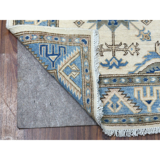 Kazak Wool Hand Knotted Rug Ivory Denim Blue 2.9X9.7 -O054660
