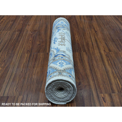 Kazak Wool Hand Knotted Rug Ivory Denim Blue 2.9X9.7 -O054660