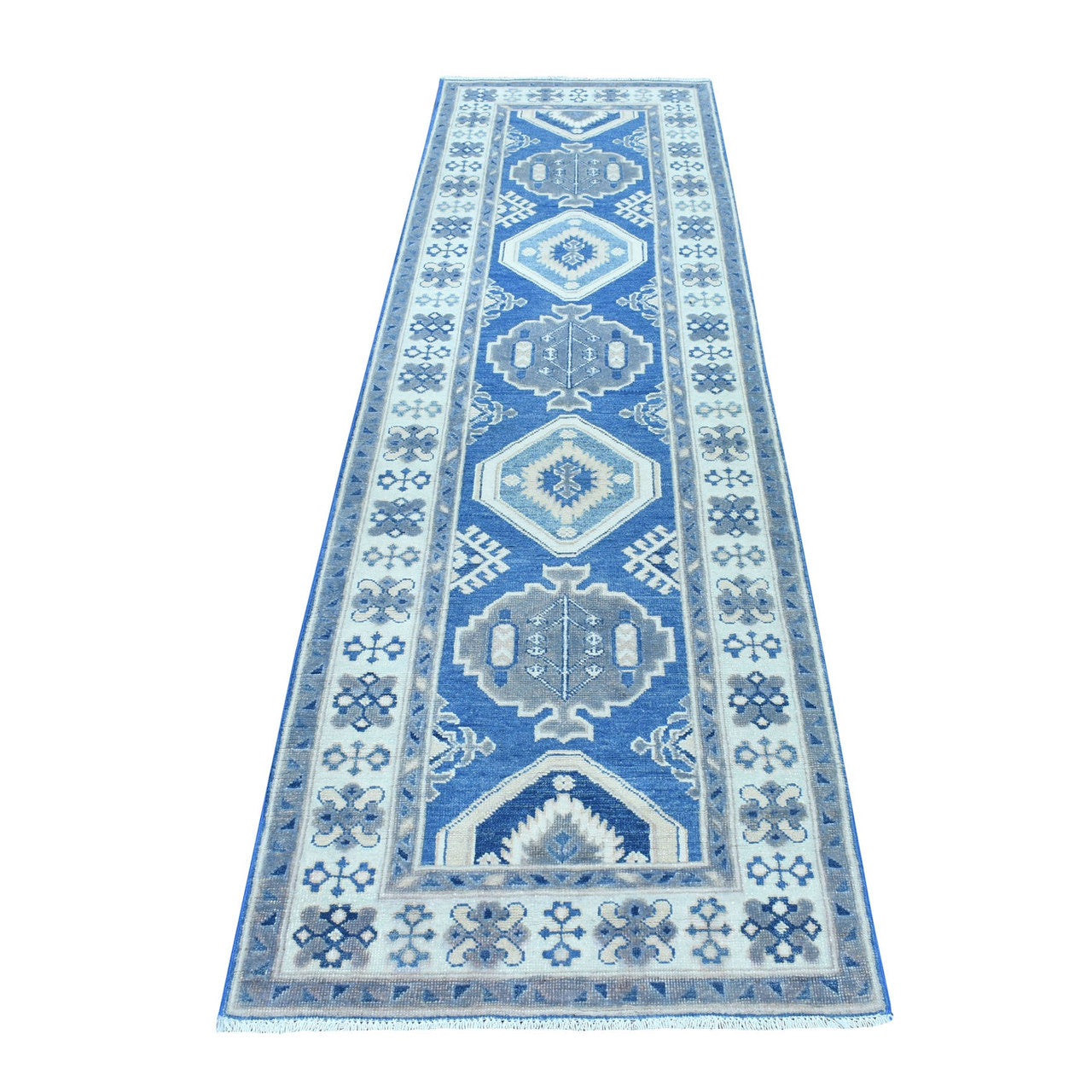 Kazak Wool Hand Knotted Rug Blue Ivory 2.8X9.5 -O054663