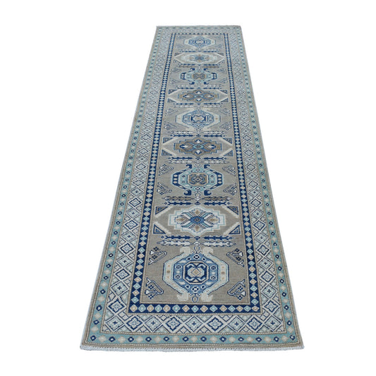 Kazak Wool Hand Knotted Rug Grey Ivory 2.6X9.9 -O054681