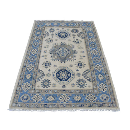Kazak Wool Hand Knotted Rug Ivory Denim Blue 4.0X5.9 -O054784