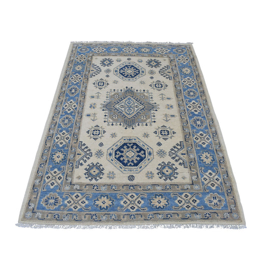 Kazak Wool Hand Knotted Rug Ivory Denim Blue 4.0X5.9 -O054784