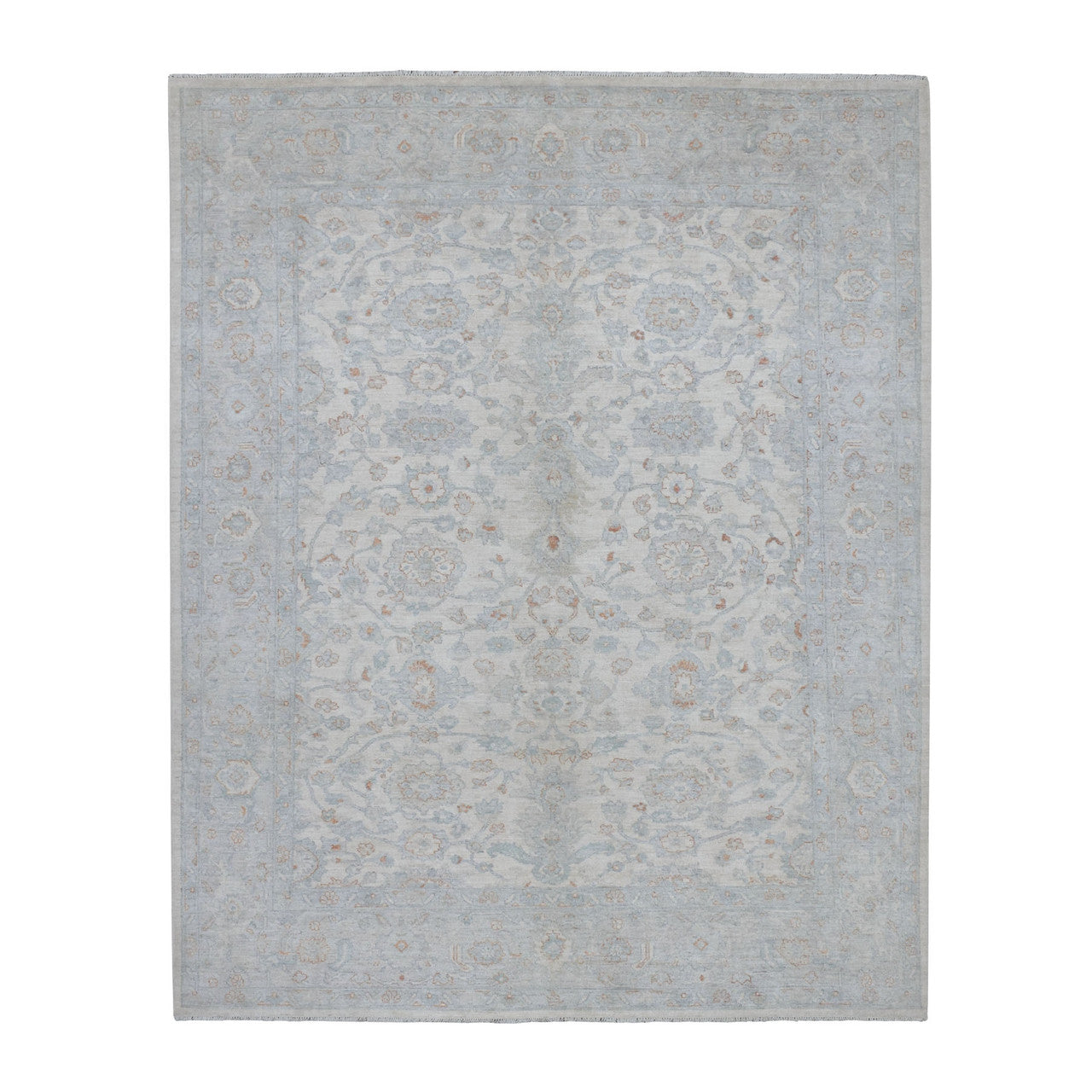 Oushak And Peshawar Wool Hand Knotted Rug Ivory Gray 8.0X9.9 -O054953