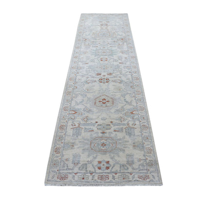 Oushak And Peshawar Wool Hand Knotted Rug Ivory Ivory 2.7X9.7 -O055026