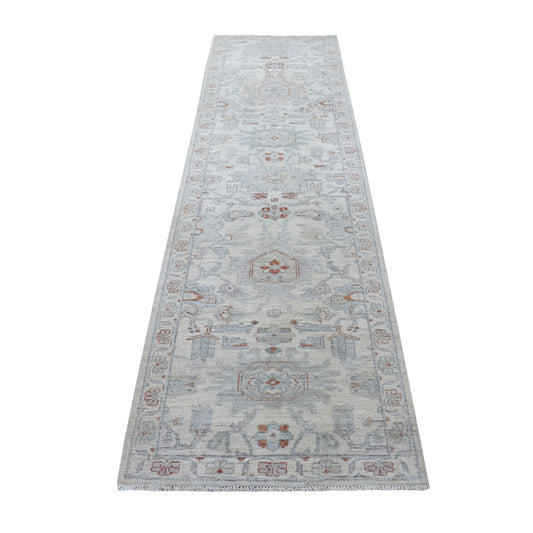 Oushak And Peshawar Wool Hand Knotted Rug Ivory Ivory 2.7X9.7 -O055026
