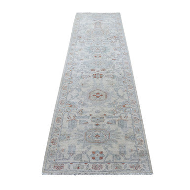 Oushak And Peshawar Wool Hand Knotted Rug Ivory Ivory 2.7X9.7 -O055026
