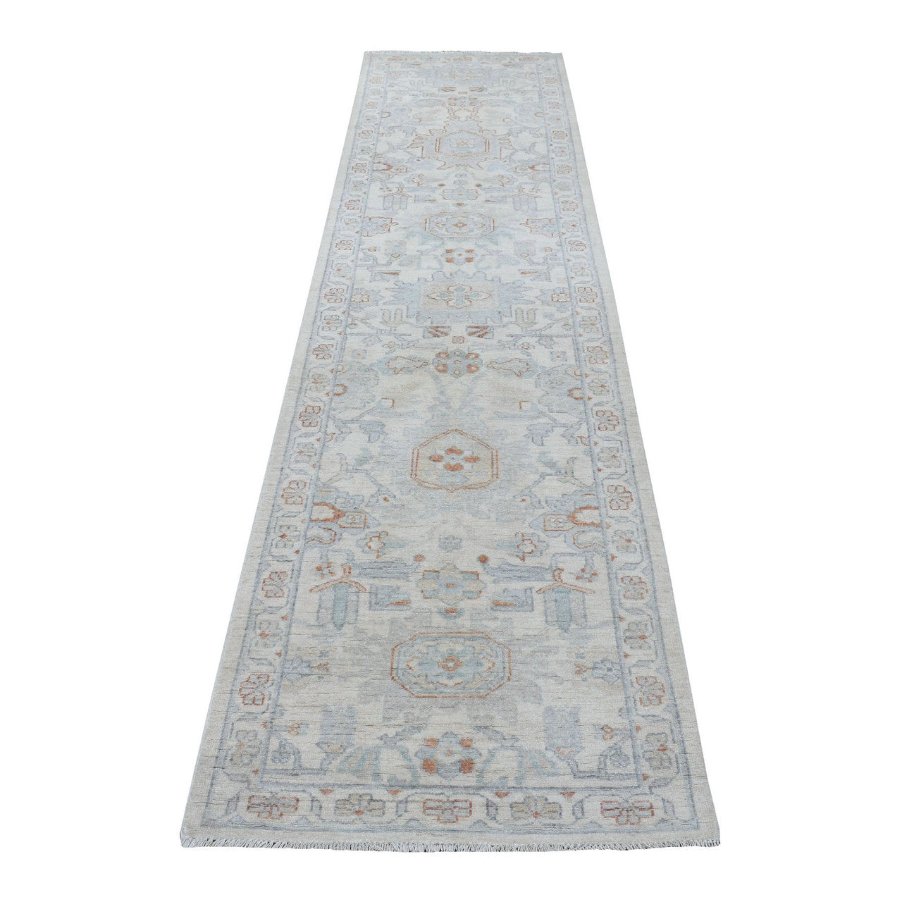Oushak And Peshawar Wool Hand Knotted Rug Ivory Ivory 2.6X9.10 -O055147
