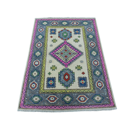 Kazak Wool Hand Knotted Rug Ivory Charcoal Gray 3.1X4.9 -O055410