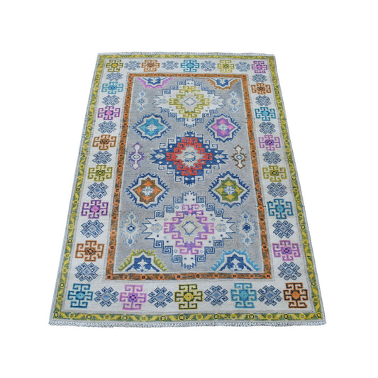 Kazak Wool Hand Knotted Rug Grey Ivory 3.1X4.10 -O055550