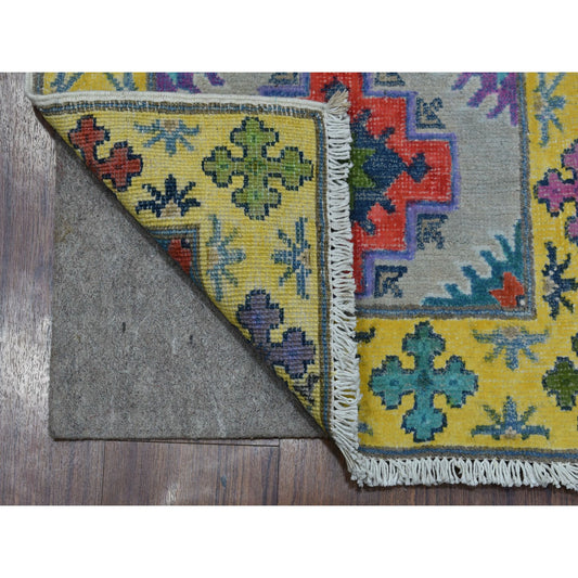 Kazak Wool Hand Knotted Rug Grey Yellow 1.10X2.9 -O055596