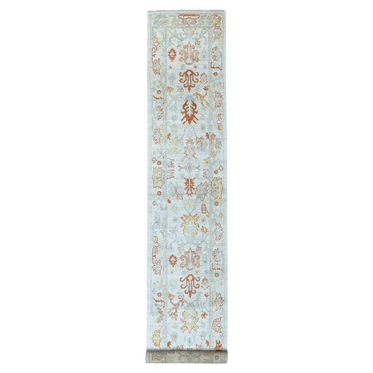 Oushak And Peshawar Wool Hand Knotted Rug Ivory Ivory 2.7X15.7 -O055811