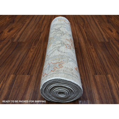 Oushak And Peshawar Wool Hand Knotted Rug Ivory Ivory 2.7X15.7 -O055811