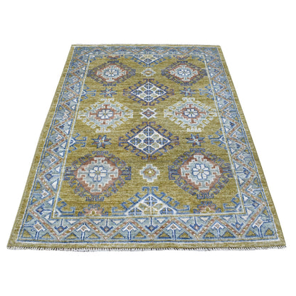 Tribal & Geometric Wool Hand Knotted Rug Yellow Blue 4.1X6.0 -O055955