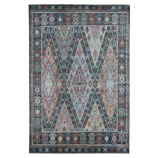 Tribal & Geometric Wool Hand Knotted Rug Black Charcoal Black 6.4X9.2 -O056090
