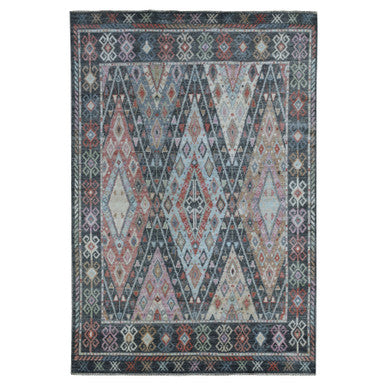 Tribal & Geometric Wool Hand Knotted Rug Black Charcoal Black 6.4X9.2 -O056090