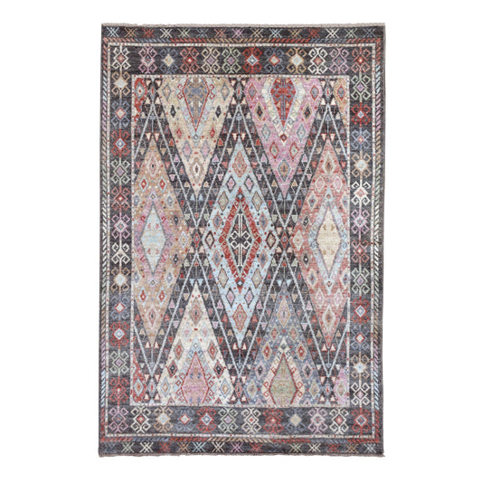 Tribal & Geometric Wool Hand Knotted Rug Black Charcoal Black 6.1X9.2 -O056200