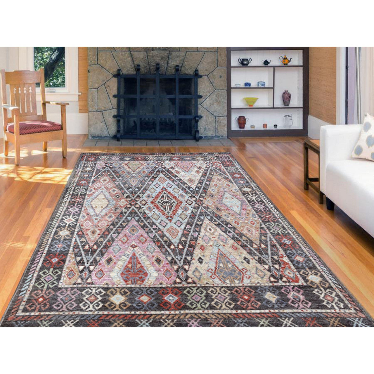 Tribal & Geometric Wool Hand Knotted Rug Black Charcoal Black 6.1X9.2 -O056200