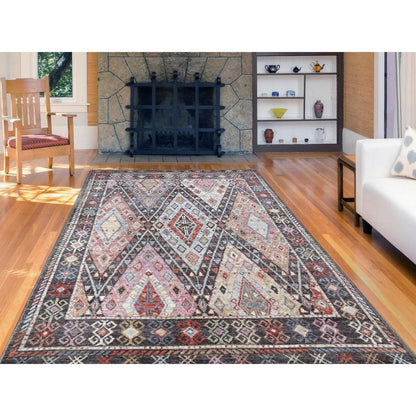 Tribal & Geometric Wool Hand Knotted Rug Black Charcoal Black 6.1X9.2 -O056200