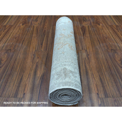 Oushak And Peshawar Wool Hand Knotted Rug Beige Ivory 2.8X10.0 -O056408