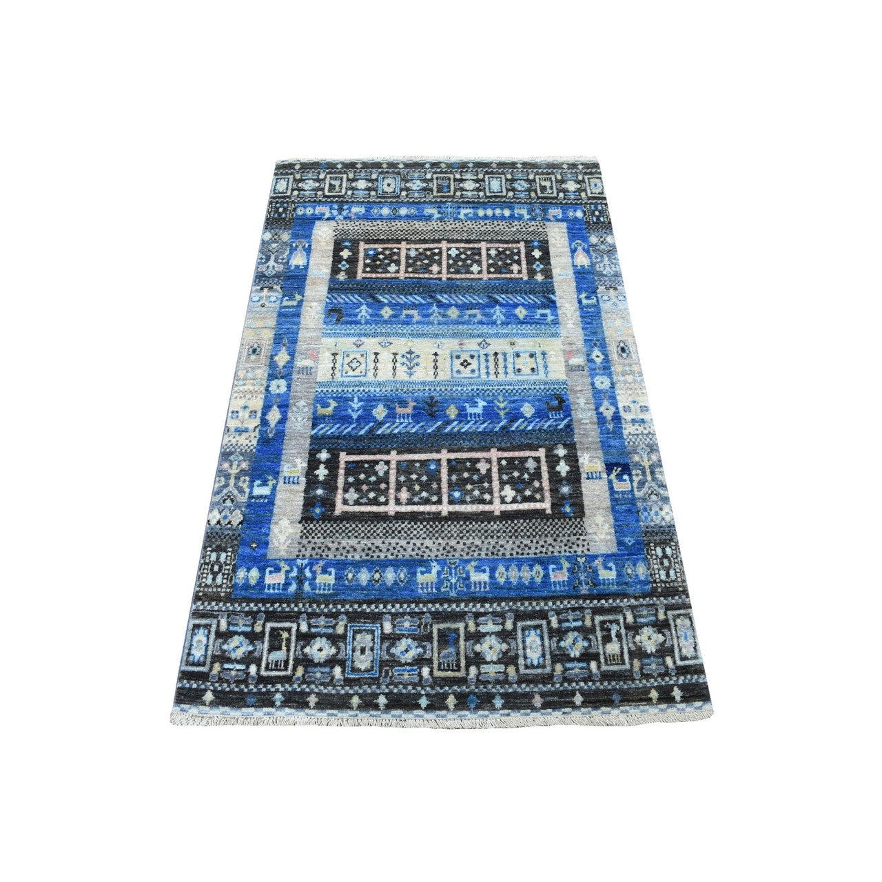 Tribal & Geometric Wool Hand Knotted Rug Blue No Border 2.10X4.10 -O056457