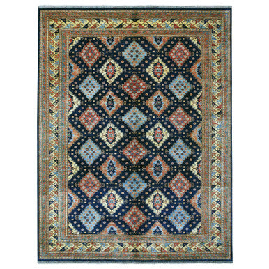 Tribal & Geometric Wool Hand Knotted Rug Blue Yellow 10.1X13.3 -O056521