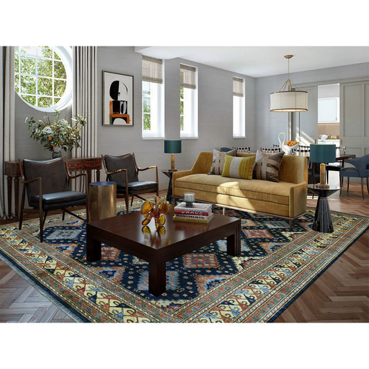 Tribal & Geometric Wool Hand Knotted Rug Blue Yellow 10.1X13.3 -O056521