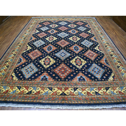 Tribal & Geometric Wool Hand Knotted Rug Blue Yellow 10.1X13.3 -O056521