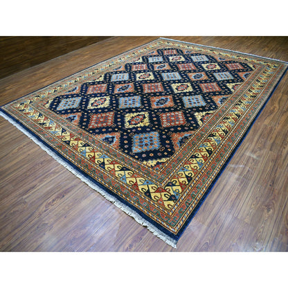 Tribal & Geometric Wool Hand Knotted Rug Blue Yellow 10.1X13.3 -O056521