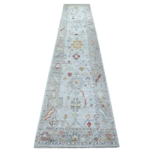 Oushak And Peshawar Wool Hand Knotted Rug Grey Gray 2.6X14.0 -O056564