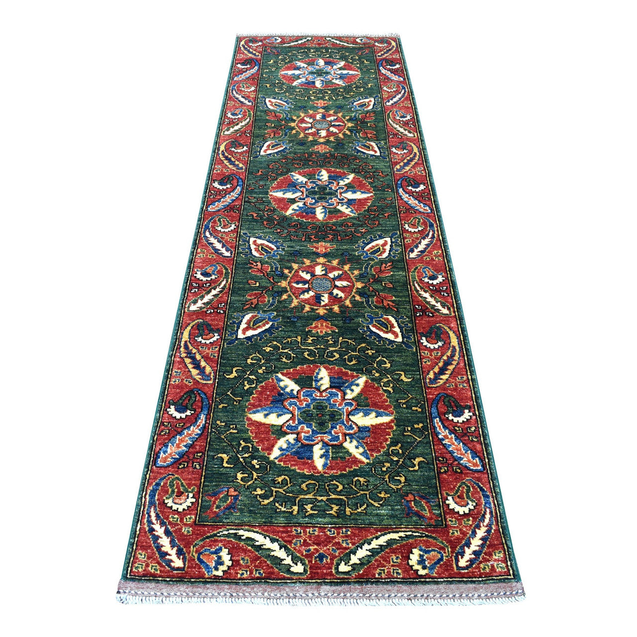 Green 2'9" x 9'7" Tribal & Geometric Hand knotted Wool Rug - Sku: O056752